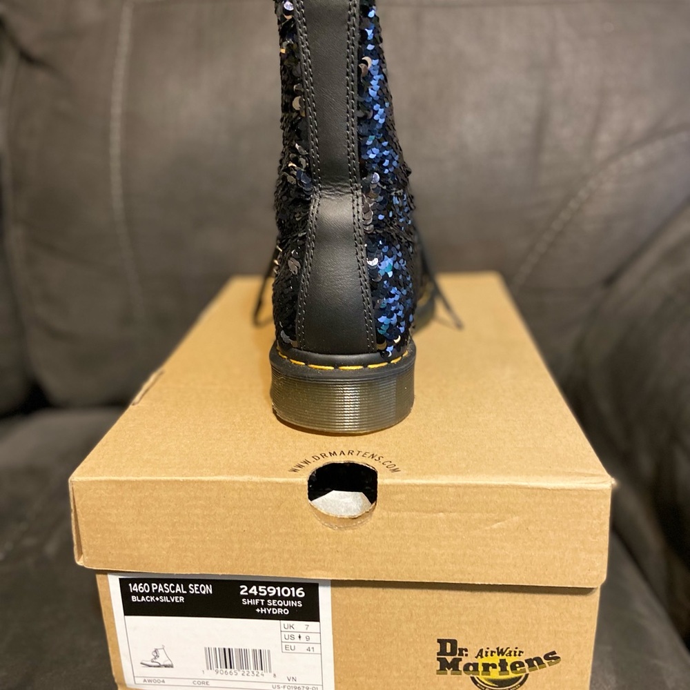 Dr Martens black sequins combat boots.